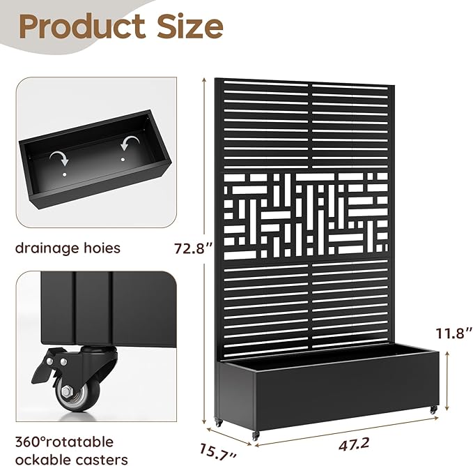 Metal Raised Garden Bed with Trellis & Wheels,70" x 47"x 15.7" Planter Box with Trellis,Privacy Planters for Patio,Garden Bed for Climbing Plants,Suitable for Climbing Plants and Vegetables,Black