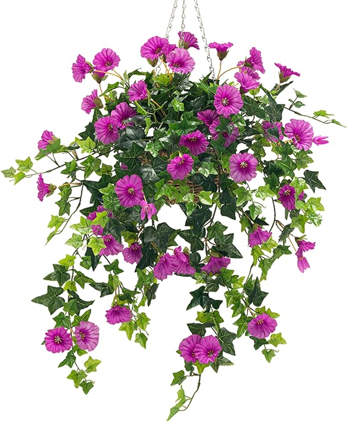 Artificial Flowers Faux Outdoor Plants Artificial Petunias for Outdoors Uv Resistant Fake Petunias Plants Hanging Flower Patio Decor Outside Basket Realistic Silk Plant No Pot(Purple 2pcs)