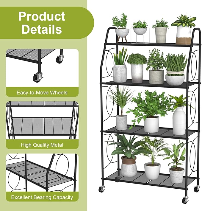 4 Tier Plant Stand with Wheels, Plant Shelf for Indoor Outdoor, Heavy Duty Metal Tall Plant Stands Holder Rack for Living Room Balcony and Garden, Black