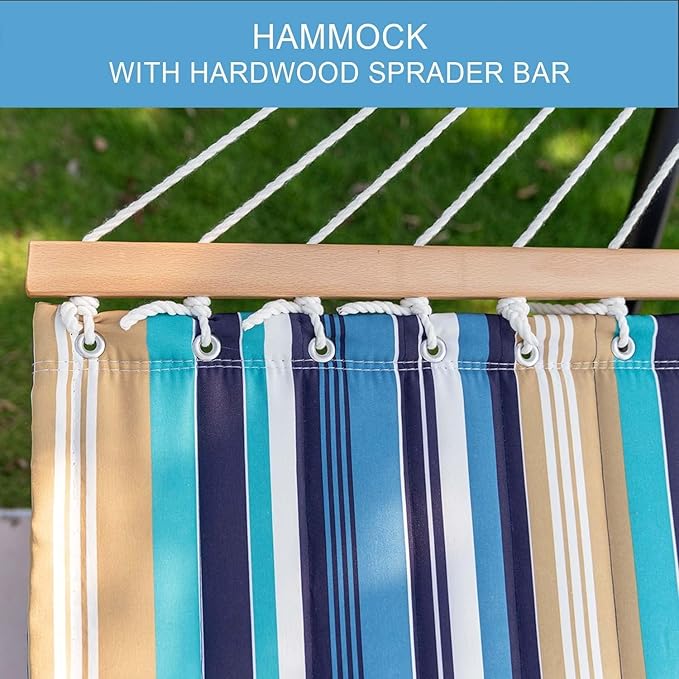 Lazy Daze Hammocks 12 FT Quilted Fabric Double Hammock with Spreader Bars and Detachable Pillow, 450lbs Weight Capacity, Beaches Stripe