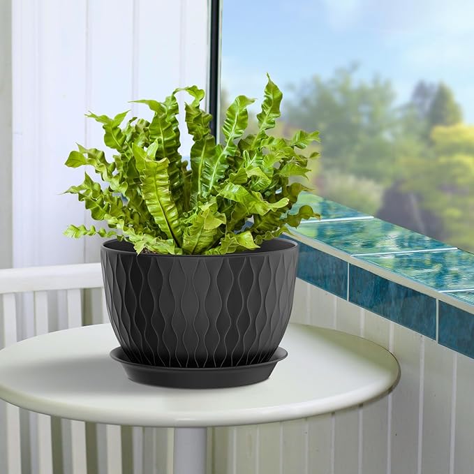 Plant Pots 12/10/9 Inch Pots, Set of 3 Plastic Planters with Drainage Holes and Saucers,Plastic Flower Pots,Nursery Planting Pot for Indoor Out Door Plants（Black）