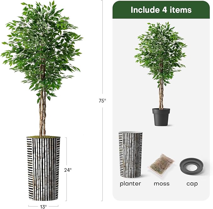 Artificial Tree in Black and Brown Striped Planter, Fake Ficus Silk Tree for Indoor and Outdoor Home Decoration - 75" Overall Tall (Plant Pot Plus Tree)