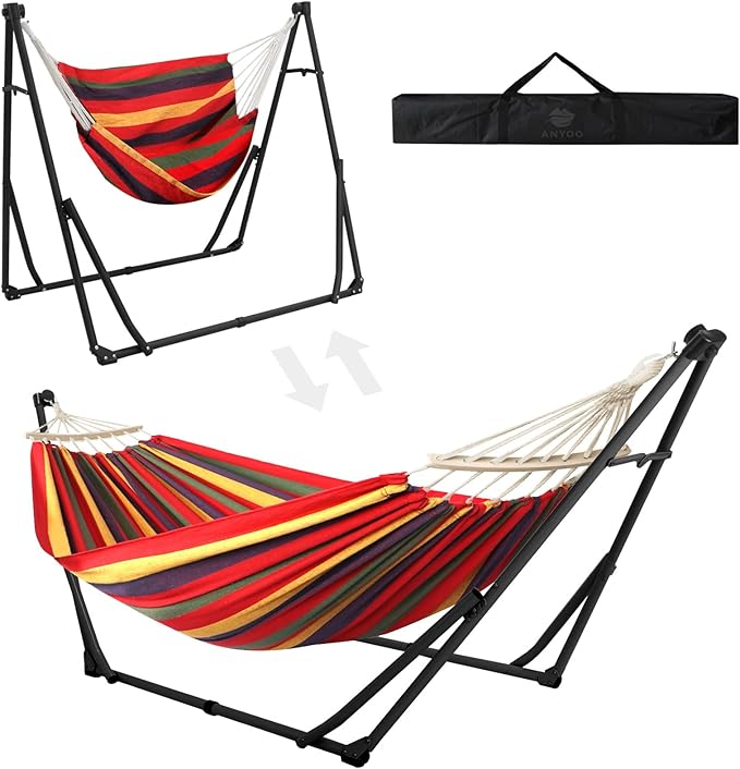 Anyoo 2 in 1 Hammock and Swinging Chair with Collapsible Steel Stand & Carrying Case,Portable & Adjustable,Easy Set Up for Outdoor,Indoor,Porch Swing,Patio,Garden,Camping Trip