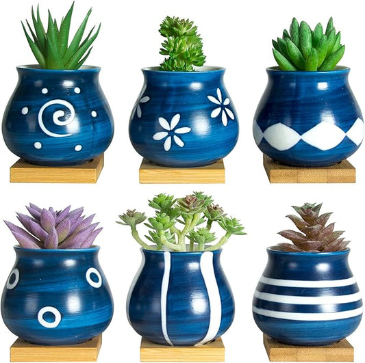 Cute Succulent Pots with Drainage Bamboo Tray - 3" Succulent Planters with Drainage Hole Ceramic Planter Tiny Pots for Indoor Small Plants, Small pots for Succulents Cactus Container Set of 6