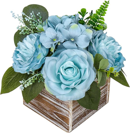 DILATATA Flower Arrangement with Wooden Vase 8" Artificial Flowers in Pot - Fake Flowers Roses Peonies Hydrangeas in Wooden Vase Potted Flower Centerpieces for Table Decor Living Room - Dusty Blue