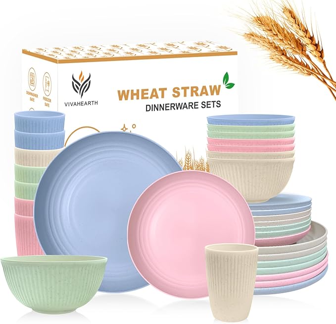 Wheat Straw Dishes Set for 8, Dinnerware Sets 32 piece, Unbreakable Plates, Bowls, Cups Sets for Kitchen Parties Camping RV - Multi-color