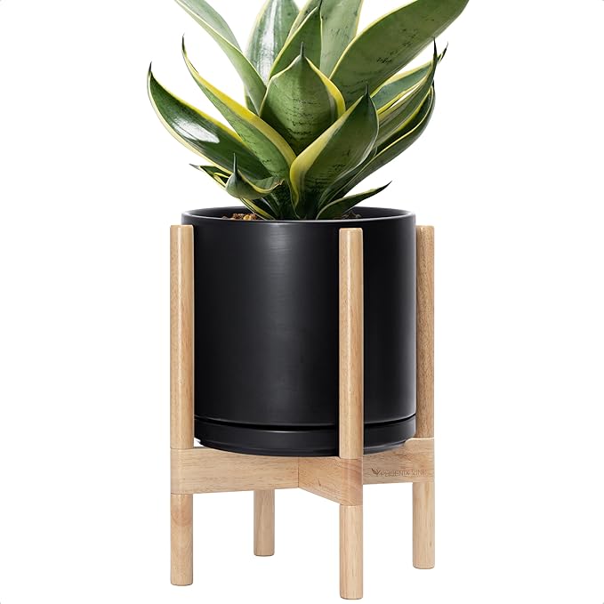 D'vine Dev Ceramic Planter with Natural Stand - 10 Inch Modern Round Flower Pot with Wood Planter Holder, Black, 55-B-K-2