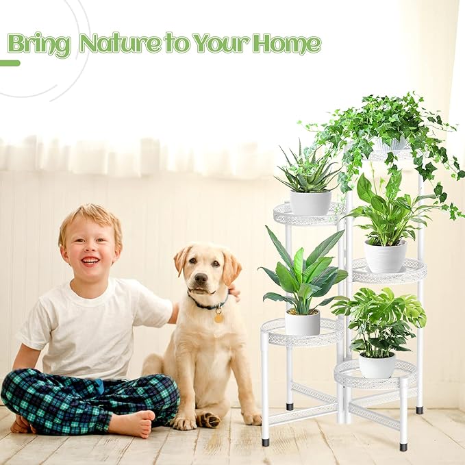 iDavosic.ly Plant Stand Indoor Outdoor, 5 Tier Corner Metal Flower Display Holder Shelf, Folding Tall Orchid Rack for Patio Balcony Porch Garden Living Room House, Wrought Iron - White