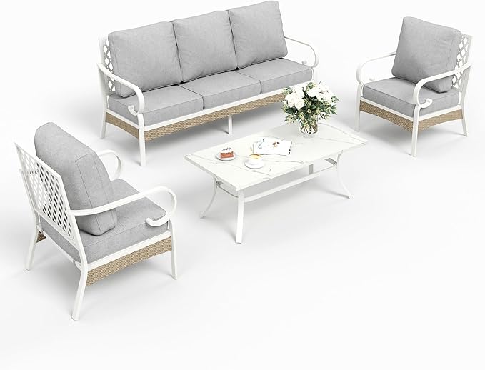4 Piece Metal Outdoor Patio Furniture Set, Patio Conversation Sets 1 3-Seater Sofa, 2 Single Sofa with 5.75" Extra Thick Cushion and Coffee Table, White Frame Backyard Furniture, Gray