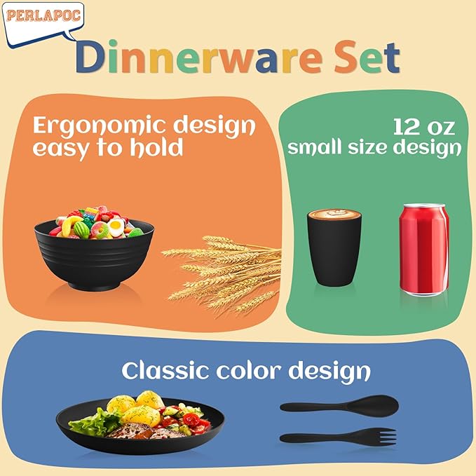 Wheat Straw Dinnerware Sets, Unbreakable Plates and Bowls Sets 20-Piece Service for 4，Plastic Outdoor Camping Dishes, Microwave & Dishwasher Safe - Black
