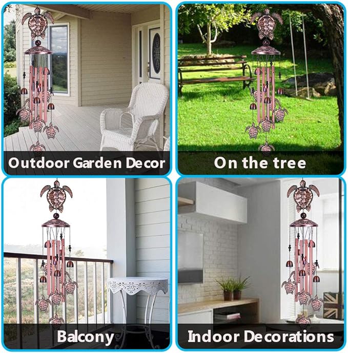 Sea Turtle Wind Chimes Outdoor Indoor Decor - With 4 Tubes 6 Bells 7 Turtles 37In Waterproof Suspension Mobile Tortoise Wind Chimes for Home, Xmas Mom Gifts, Balcony, Festival, Tree, Garden Decoration