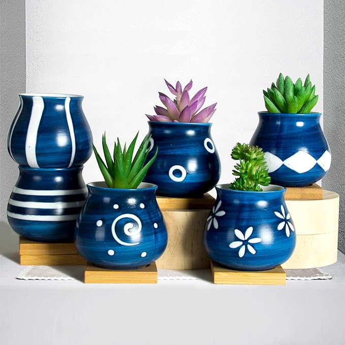 Cute Succulent Pots with Drainage Bamboo Tray - 3" Succulent Planters with Drainage Hole Ceramic Planter Tiny Pots for Indoor Small Plants, Small pots for Succulents Cactus Container Set of 6