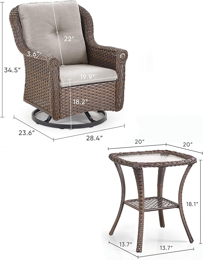 3 Piece Patio Swivel Chairs and Side Table Set - High Back Outdoor Brown Wicker Rattan Rocking Glider with Thick Cushions for Porch Apartment Deck Yard Poolside Garden - Beige