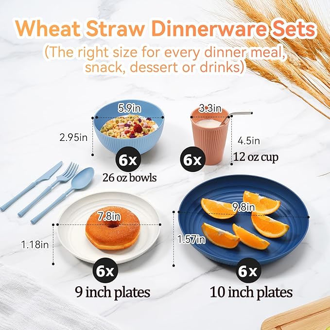 Wheat Straw Dinnerware Sets,48-Piece Plates and Bowls Sets for 6-Unbreakable,Reusable Plastic Dish Set-Dinner Plate/Dessert Plate/Cereal Bowl/Cup/Utensils-Dishwasher Safe 48P-Oecan Coral