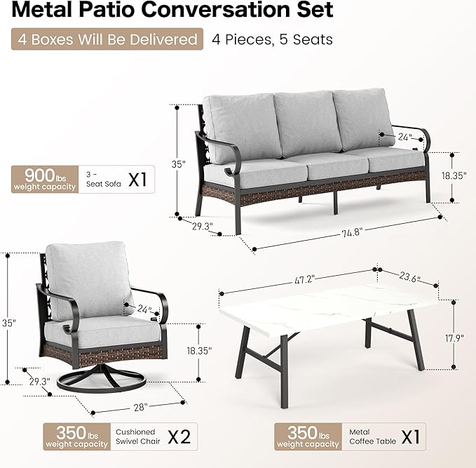 4 PCS Metal Outdoor Patio Furniture Set, Patio Conversation Sets 1 3-Seater Sofa, 2 Swivel Chairs with 5.75" Extra Thick Cushion & Coffee Table, Black Backyard Furniture, Light Gray