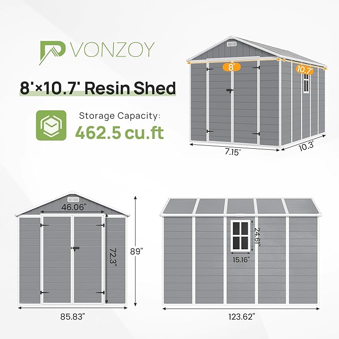 Resin Outdoor Storage Shed with Floor, 8x10.5 FT Plastic Garden Shed with Lockable Door & Window for Bike, Garbage Can, Lawn Mower, Grey White