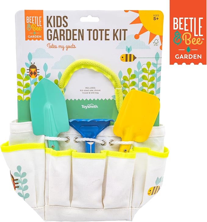 Beetle & Bee Kids Garden Tote Kit – Durable, Easy-to-Clean Gardening Tools Set - Includes Canvas Tote Bag, Hand Rake, Shovel & Trowel - Perfect Toddler Gardening Set