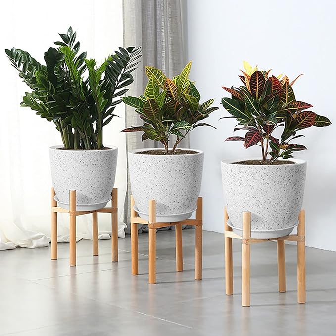 Modern Plant Pots Set, 9/8/7.5 inch Plastic Planters for Indoor Plants, Stylish Flower Pots with Drainage Holes and Saucers for House Plants and Flowers, White Speckles