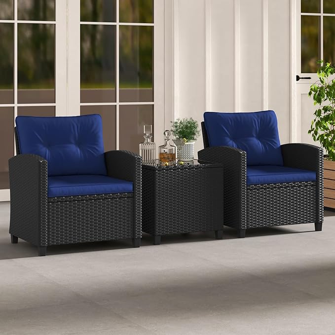 HAPPYGRILL 3 Pieces Wicker Patio Conversation Set, PE Rattan Bistro Sofa Set with Tempered Glass Coffee Table, Washable Cushions, Outdoor Furniture Set for Garden Poolside Balcony (Navy)