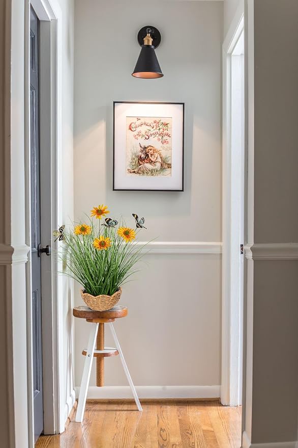 Artificial Plants Indoor with Pot, 17.3" Fake Potted Plants Artificial Onion Grass Plant with Yellow Daisies Flowers and Butterflies Small Faux Plant Indoor for Home Living Room Table Shelf Decor