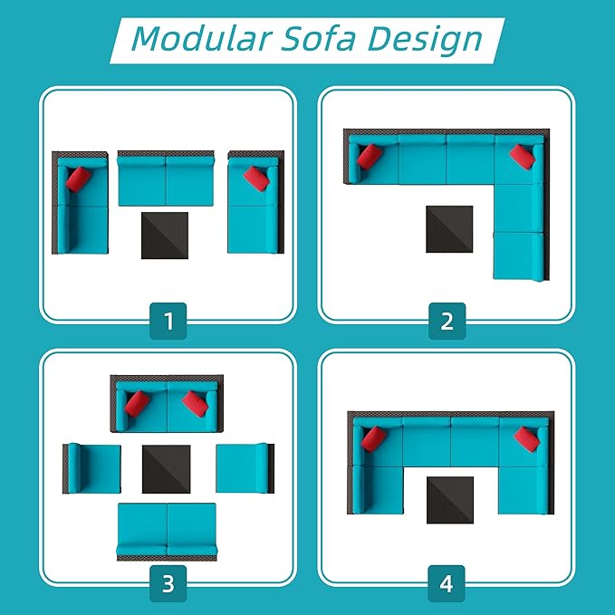 Shintenchi 7 Pieces Patio Furniture Sets Outdoor All-Weather Sectional Patio Sofa Set PE Rattan Manual Weaving Wicker Patio Conversation Set with Glass Table&Ottoman Cushion and Red Pillows, Blue