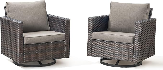 Wicker Swivel Rocker Patio Chairs-High Back Outdoor Swivel Chairs Set of 2 with Thickened Cushions Wide Armrest All Weather Patio Furniture Set for Deck Porch Balcony(Brown/Grey)