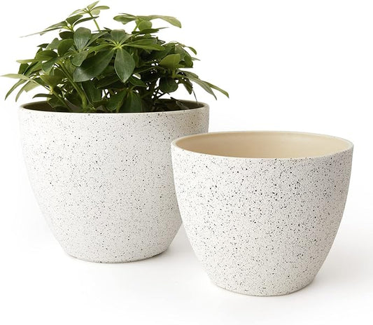 LA JOLIE MUSE Flower Pots Outdoor Garden Planters, Indoor Plant Pots with Drainage Holes, Plastic, Speckled White, Set 2 (8.6 + 7.5 Inch)