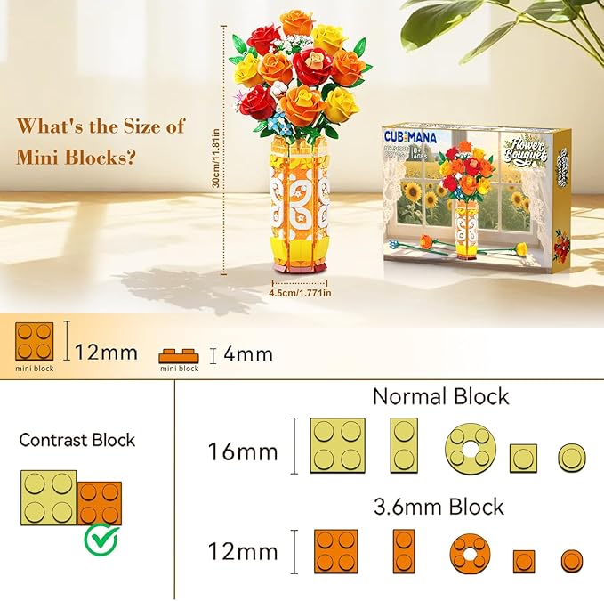 Flower Bouquet Building Set with Vase & LED Light, Yellow, Orange and Red Roses 3.6MM Mini Botanical Building Block Toys, Gifts for Friends, Artificial Flowers for Office Home Decor & Display