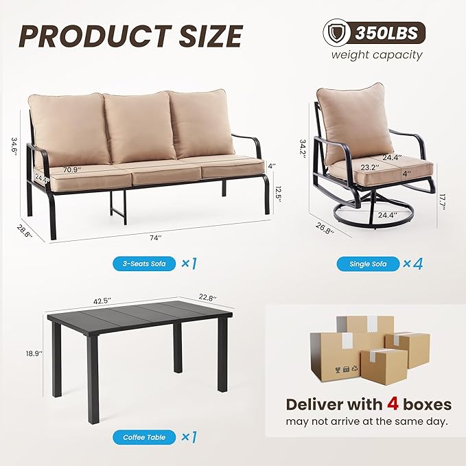 Soohow Outdoor Patio Furniture Set, 6 Piece Patio Furniture Set, 4 x Swivel Chair, 1 x 3-Seats Sofa, and 1 x Coffee Table, Outdoor Metal Conversation Set for Porch, Balcony, and Backyard