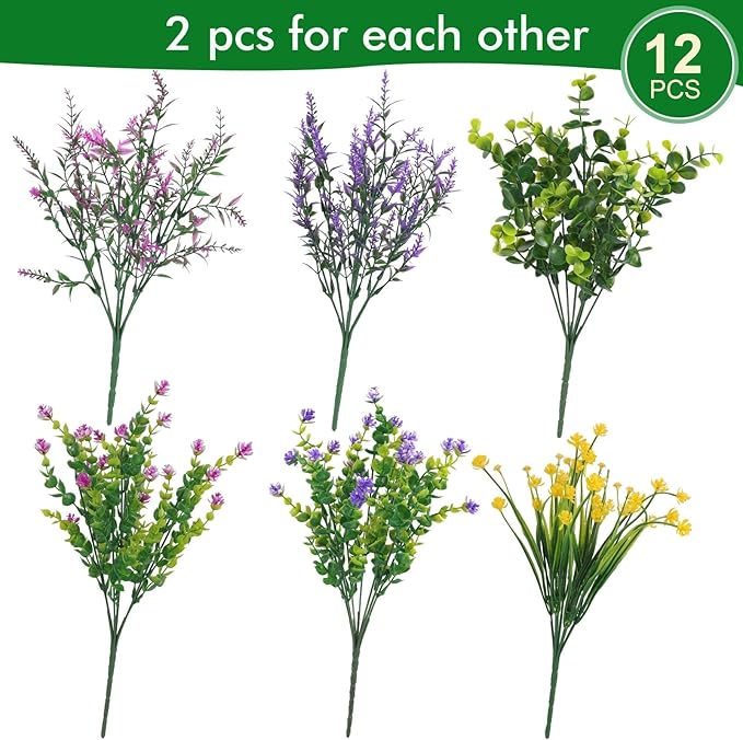 Hananona 12 Pcs Artificial Flowers Outdoor, Faux Artificial Plants UV Resistant Plastic Flower Bulk for Hanging Planter Porch Window Home Wedding Fall Summer Decor (12, Multiple Color)