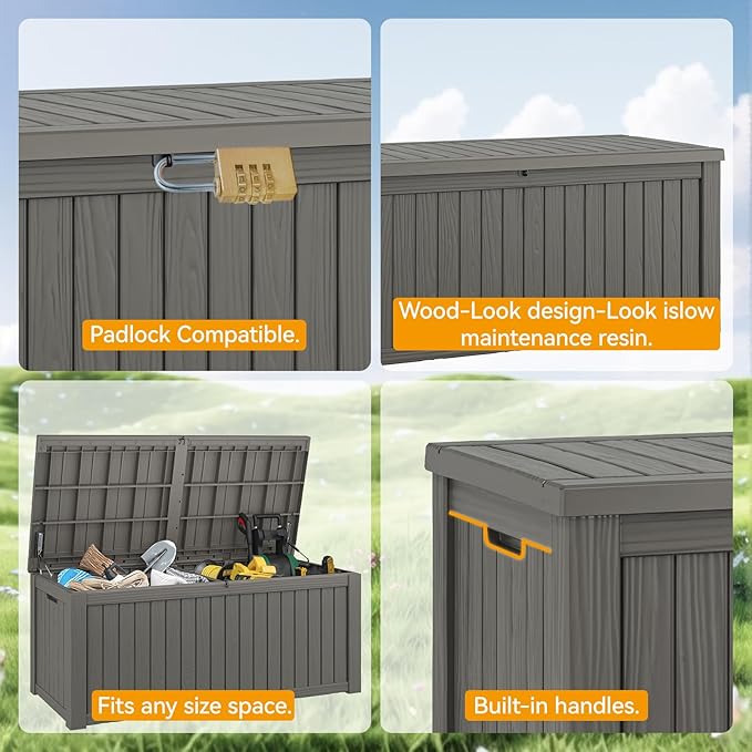 NUNU LAB 180 Gallon Outdoor Storage Box, Large Resin Deck Box with Double Wall Panels, Waterproof Patio Storage Bin for Garden Tools, Pool Accessories, Package Deliveries & Outdoor Gear,Grey