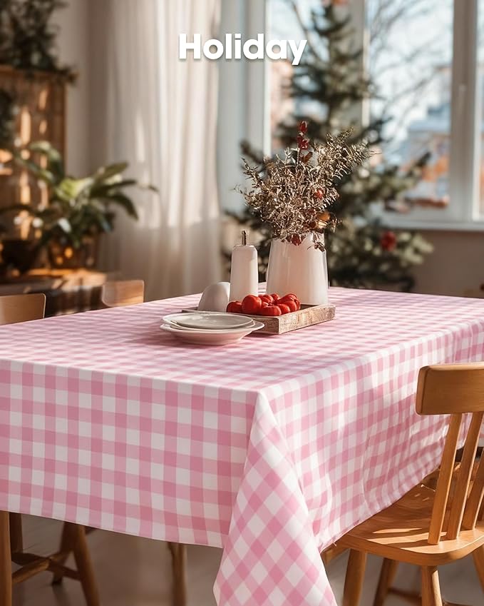 Pureegg Plastic Table Cloth Disposable 8 Pack, 54 x 108 Inch Table Cloths, Party, Picnic, Decorative Gingham Tablecloths, Rectangle, Pink and White Checkered Cover, Leakproof & Sturdy, Pink Plaid