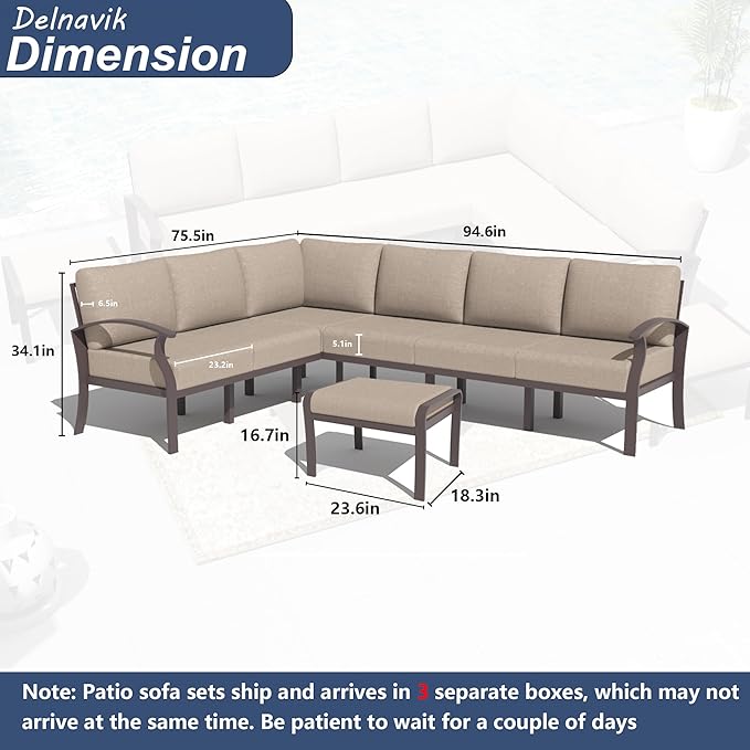 Kurapika Patio Furniture Set 8-Piece Aluminum Sectional Sofa with Armrest, Modern Outdoor Conversation Set, Metal Corner Sofa with Ottoman, Sand
