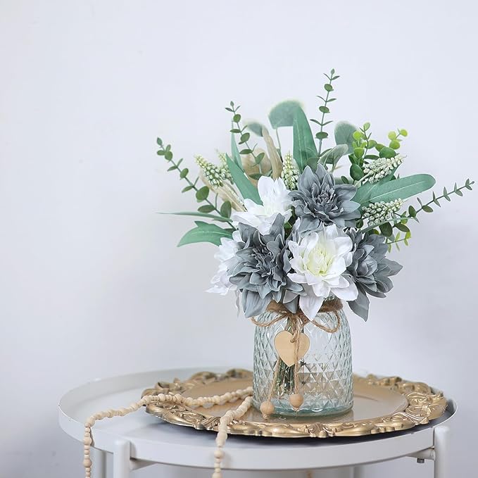 Faux Flowers with Vase,Artificial Silk Flowers in Vase, Fake Plant Eucalyptus and Willow,Flower Arrangement for Home Farmhouse kitchen Dining Table Centerpiece Decorations Table Decor (Grey Blue)