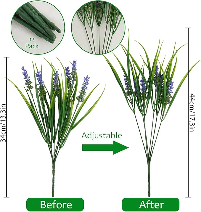 36 Bundles Artificial Plants Outdoor, 18.2" UV Resistant Faux Monkey Grass Greenery Stems No Fade Faux Plastic Flowers Shrubs for Home Weddings Garden Porch Front Patio Office Decor - Purple