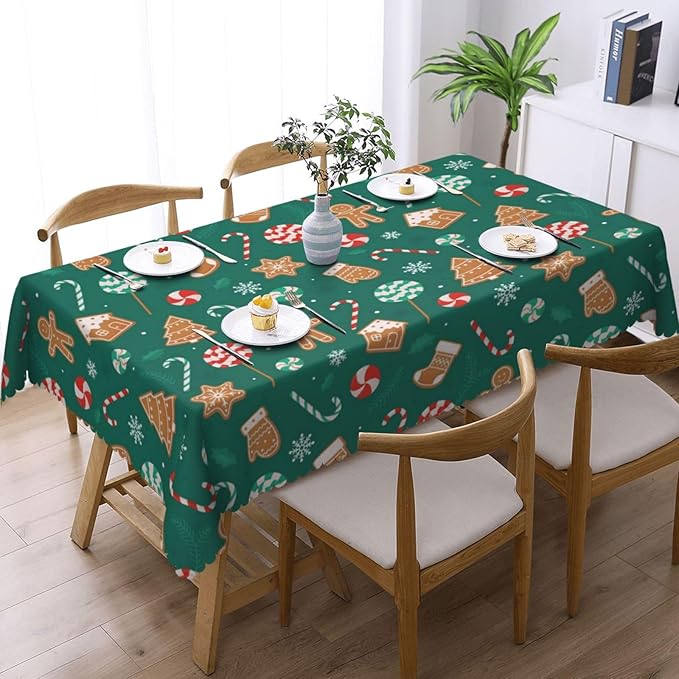 Christmas Candy Cane Tablecloth for Dining Tables, Reusable Snowflake Cookies Table Cloths Tabletop Decoration Holiday Green Xmas Tree Rectangle Table Cover for Home,Kitchen,Party,54x72Inch