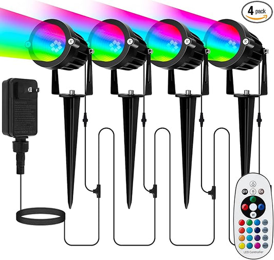 Halloween Spotlight Outdoor, All-in-ONE RGBW Christmas Spot Lights with Remote, 6W 24V Plug-in Color Changing Low Voltage Landscape Lighting Kit with IP65 Waterproof for Yard Garden, 4 Pack