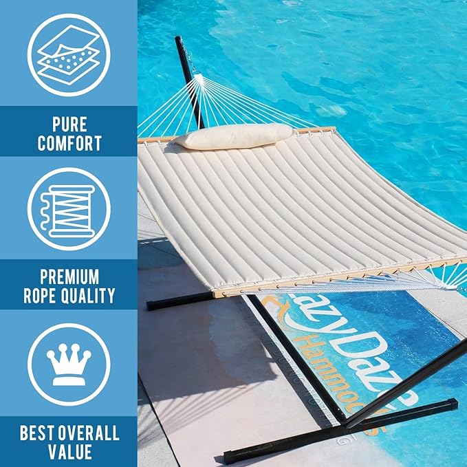 Lazy Daze Hammocks 12 FT Double Quilted Fabric Hammock with Spreader Bar and Detachable Pillow, 2 Person Hammock for Outdoor Patio Backyard Poolside, 450lbs Weight Capacity, Natural