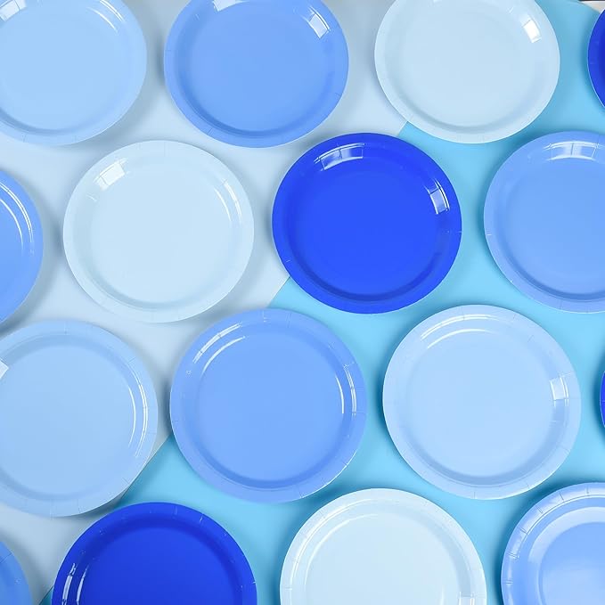 Blue Gradient Blue Party Plates 7'Disposable Round Dessert Plates for Birthday Wedding Bridal Engagement Baby Shower Party Supplies 48