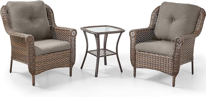 3 Piece Patio Brown Wicker Chairs with Side Table - Outdoor High Back Heavy Duty All-Weather Lawn Dining Rattan Chair Conversation Bistro Set for Deck Porch Balcony Backyard Garden - Grey