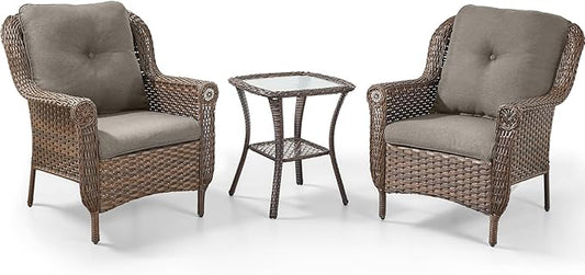 3 Piece Patio Brown Wicker Chairs with Side Table - Outdoor High Back Heavy Duty All-Weather Lawn Dining Rattan Chair Conversation Bistro Set for Deck Porch Balcony Backyard Garden - Grey
