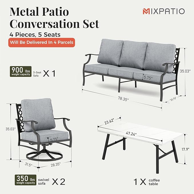 Patio Furniture Set 4 pcs, Outdoor Patio Furniture, 3-Seat Sofa, 2 Swivel Chairs, Coffee Table and 5.75" Extra Thick Cushion, Patio Conversation Set for Backyard Deck,Grey