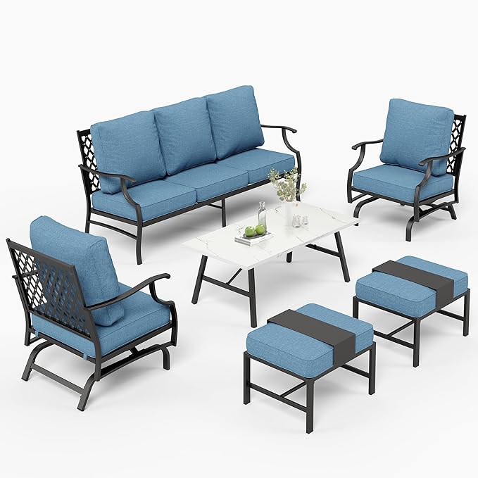 Patio Furniture Set 6 pcs, Outdoor Patio Furniture, 3-Seat Sofa, 2 Rocking Chairs, 2 Ottomans, Coffee Table and 5.75" Extra Thick Cushion, Conversation Set for Backyard Deck, Navy Blue