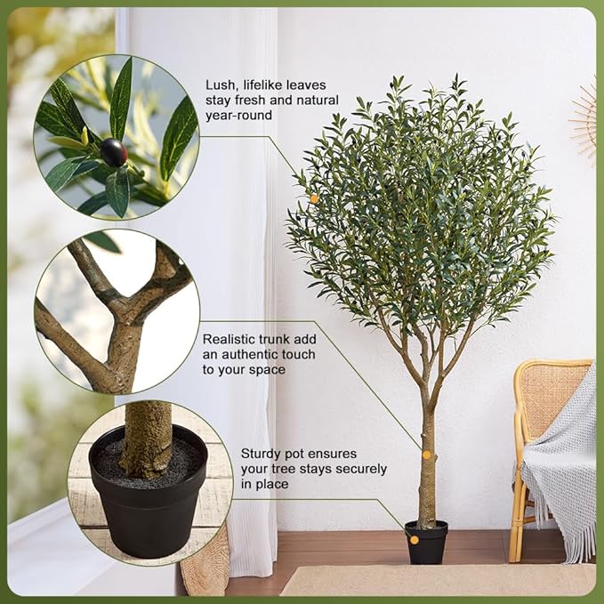 Artificial Olive Tree 7FT - Large Fake Olive Trees Indoor with 3066 Silk Leaves, Outdoor Potted Faux Plant with UV Resistant for Living Room,Office,Patio, Home Decor,VN157