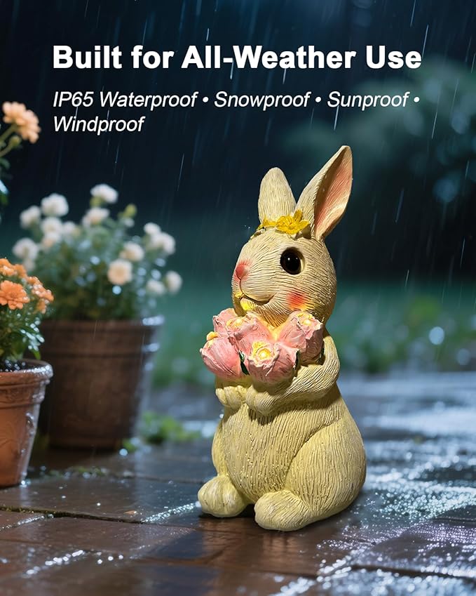 Solar Bunny Garden Light Outdoor Statue – Waterproof Rabbit Figurine with 5 Tulip LED Lights, Auto On/Off Bunny Garden Decor for Patio, Balcony, Lawn, Yard Decorations, Birthday Gifts for Women