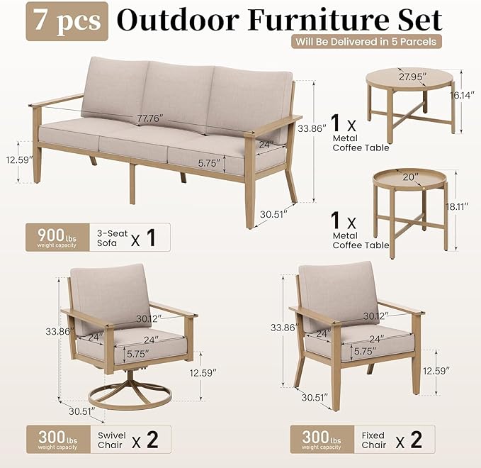 Patio Conversation Set,7 Pcs Metal Outdoor Furniture with 3-Seater Sofa,2 Swivel Chairs,2 Single Chairs,Metal Nested Table and 5.75" Extra Thick Cushion for Lawn Garden Backyard,Beige
