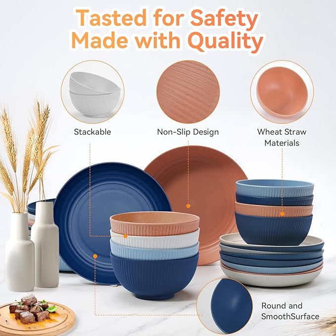 Wheat Straw Dinnerware Sets,64-Piece Plates and Bowls Sets for 8-Unbreakable,Reusable Plastic Dish Set-Dinner Plate/Dessert Plate/Cereal Bowl/Cup/Utensils-Microwavable Dishwasher Safe 64P-Deep Blue