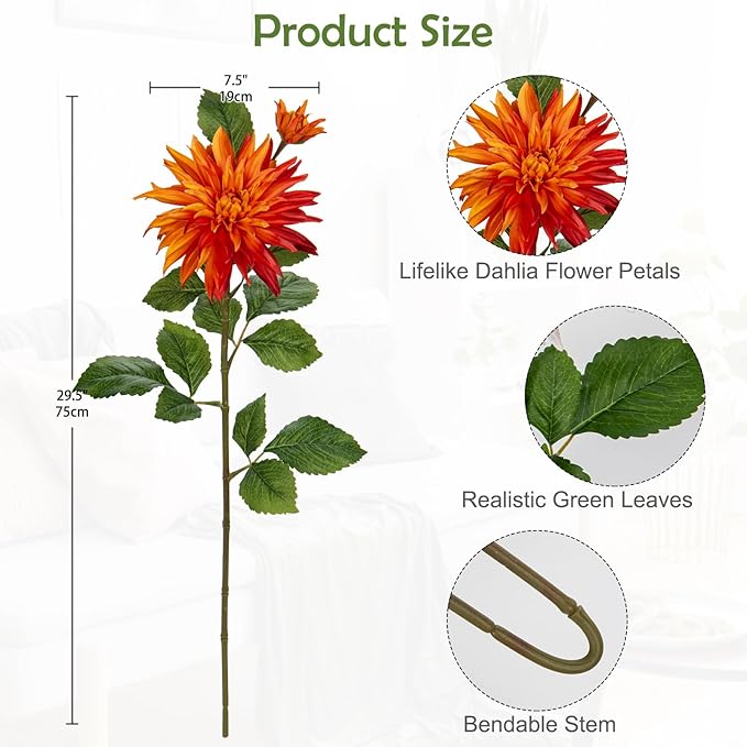 Hollyone 3Pcs Orange Fake Dahlia Flowers Fall Flowers Artificial for Decoration Silk Flower with Long Stem 28" Floral Arrangements Bouquets Autumn Faux Dahlias Centerpieces Fall Decorations for Home