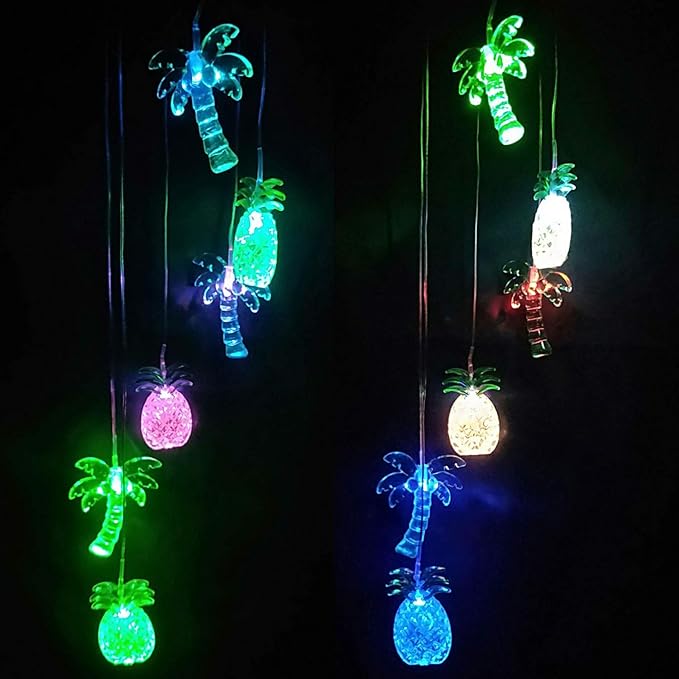 Solar Coconut Tree Pineapple LED Wind Chimes Outdoor - Waterproof Solar Powered Changing Light Color Trees Pineapples Mobile Romantic Wind-Bell for Home, Party, Festival Decor, Night Garden Decoration