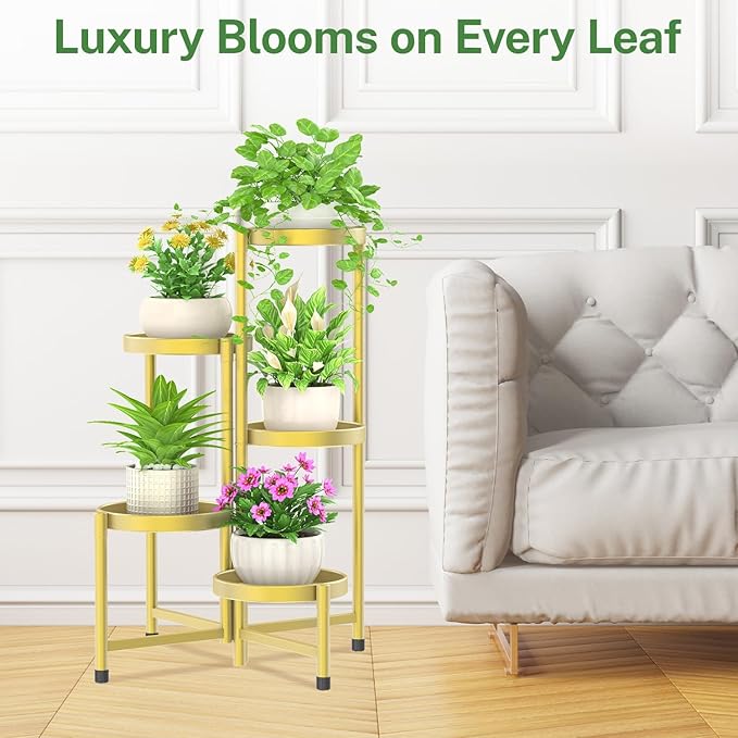 iDavosic.ly Plant Stand Indoor Outdoor, 5 Tier Corner Metal Flower Display Holder Shelf, Folding Tall Orchid Rack for Patio Balcony Porch Garden Living Room House, Gold